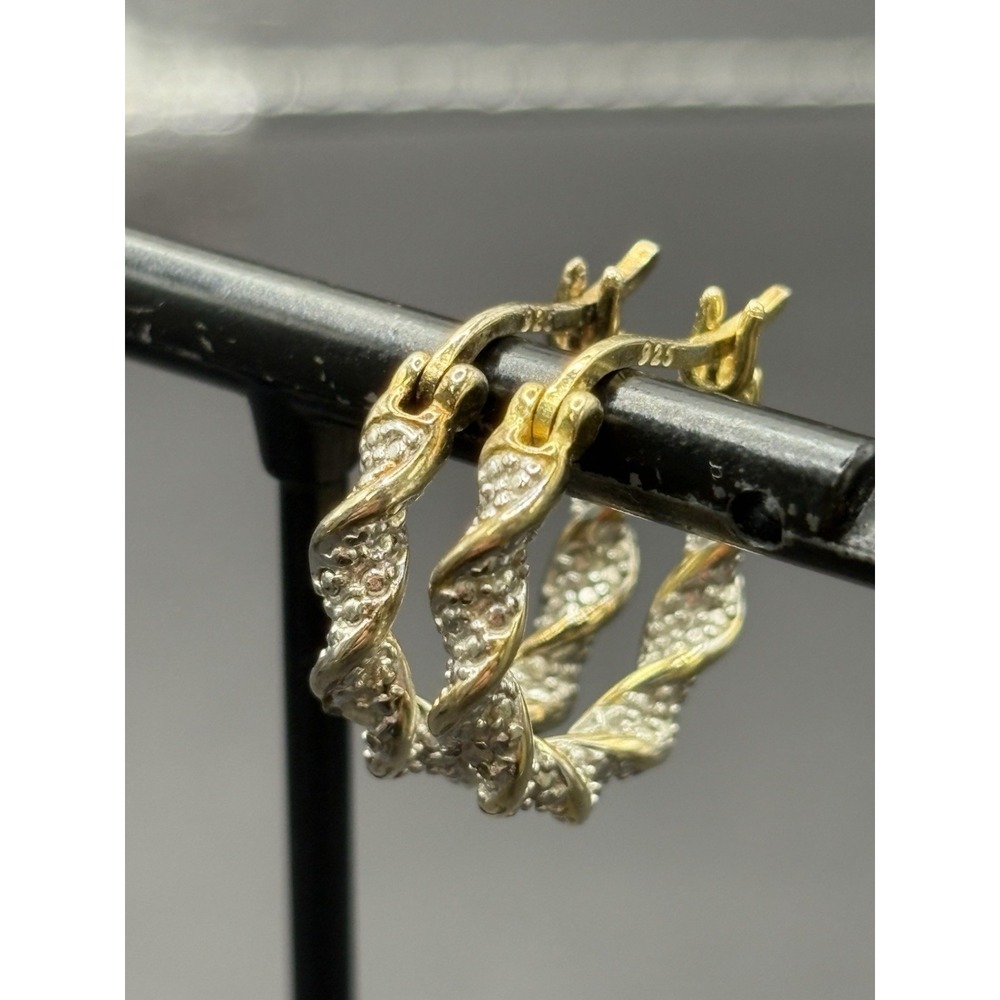 Vintage Gold Sterling Silver 19MM Single Diamond Hoop Earrings 4 Grams G24